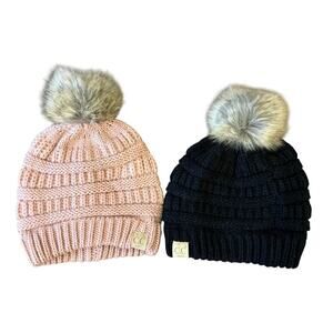 C.C. Beanie Set of 2 with Faux Fur Pom Pom Hats Black Pink